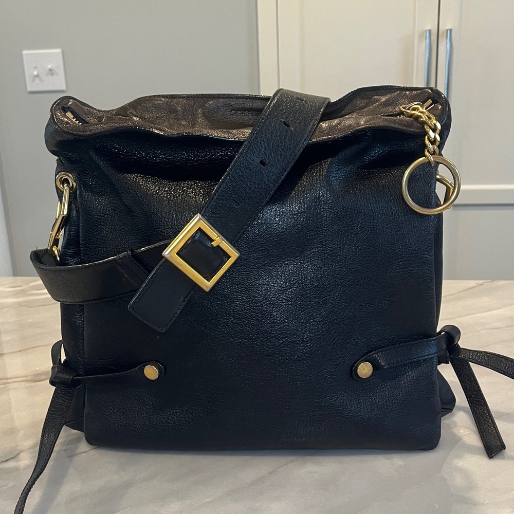 Jimmy Choo Authentic Large Black Leather Buckle Bag Tote with Gold Tone Hardware